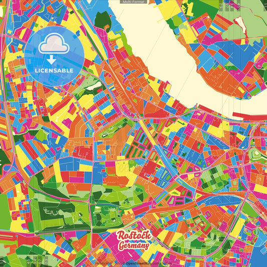 Rostock, Mecklenburg-Western Pomerania, Germany Crazy Colorful Street Map Poster Template