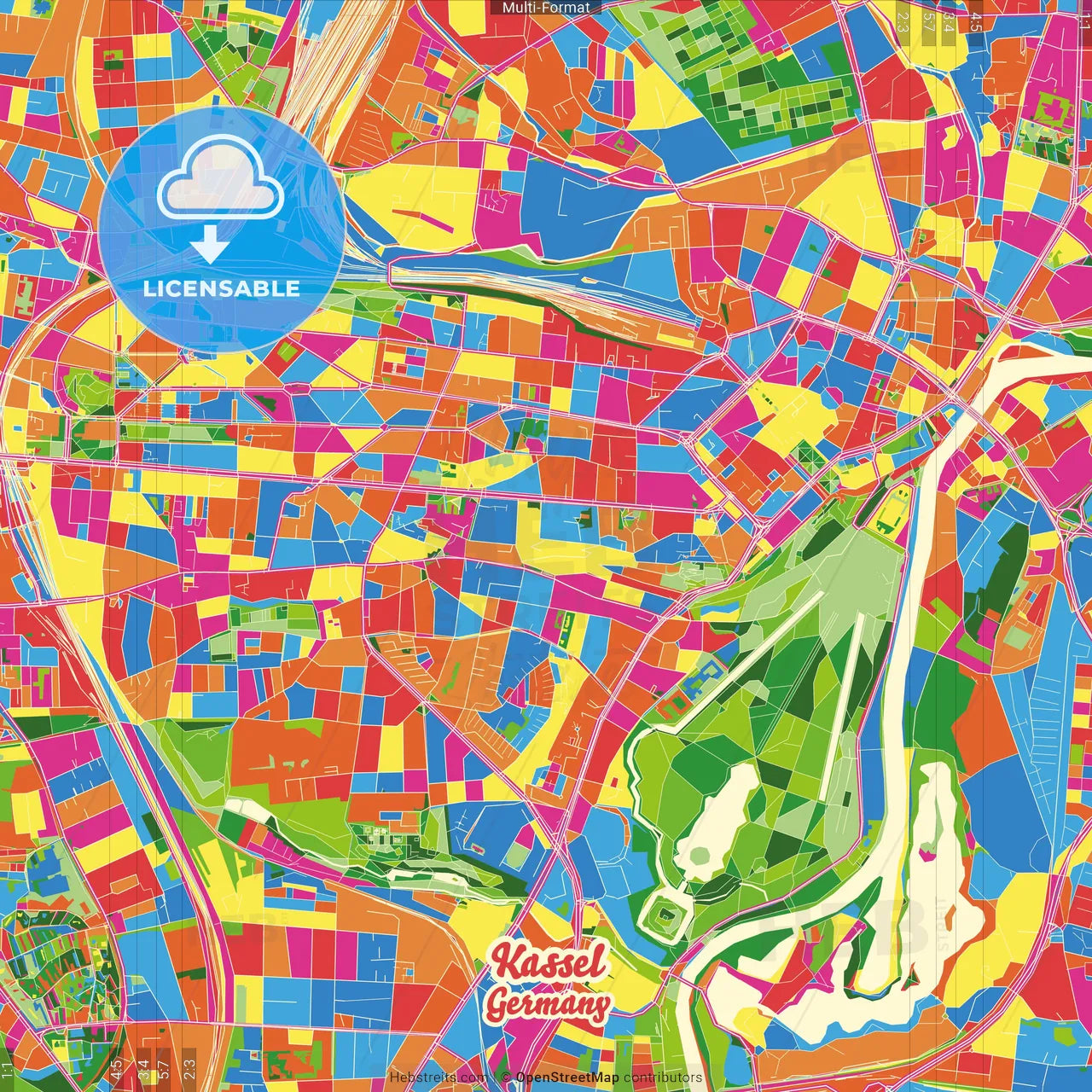 Kassel, Hesse, Germany Crazy Colorful Street Map Poster Template