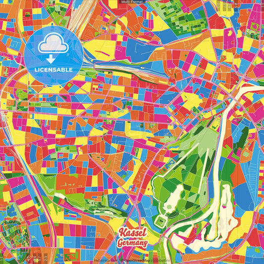 Kassel, Hesse, Germany Crazy Colorful Street Map Poster Template