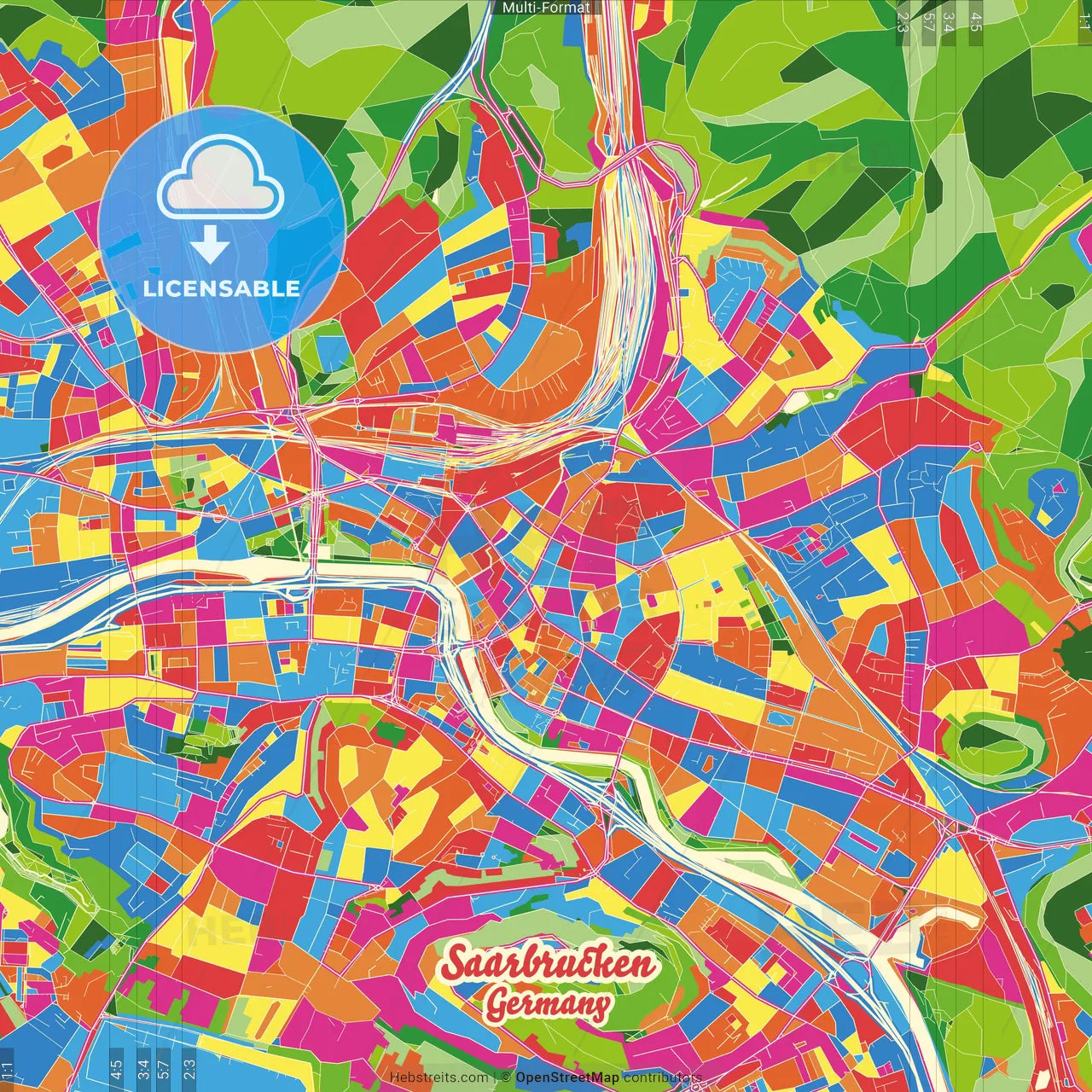 Saarbrucken, Saarland, Germany Crazy Colorful Street Map Poster Template