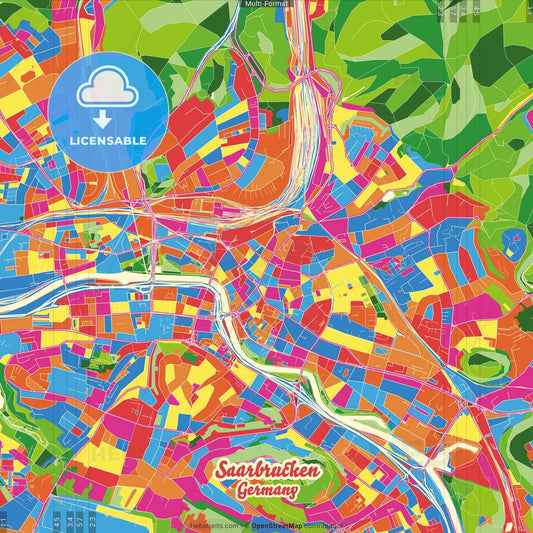 Saarbrucken, Saarland, Germany Crazy Colorful Street Map Poster Template