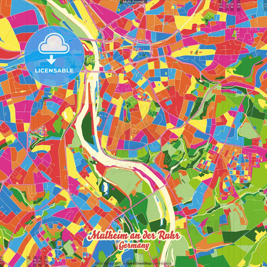Mulheim an der Ruhr, North Rhine-Westphalia, Germany Crazy Colorful Street Map Poster Template