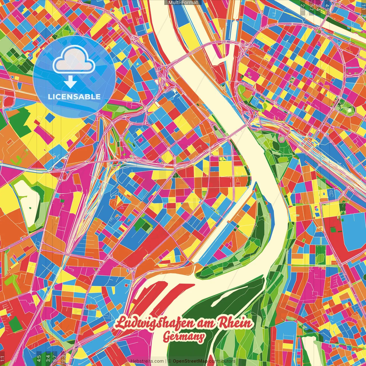 Ludwigshafen am Rhein, Rheinland-Pfalz, Germany Crazy Colorful Street Map Poster Template