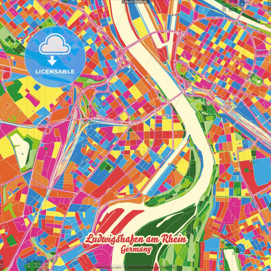 Ludwigshafen am Rhein, Rheinland-Pfalz, Germany Crazy Colorful Street Map Poster Template