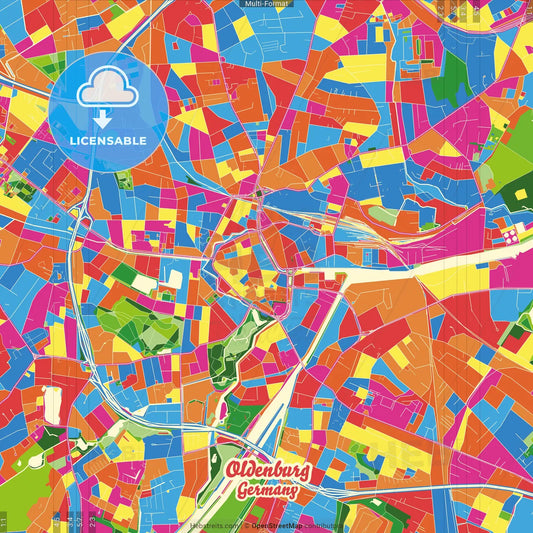 Oldenburg, Lower Saxony, Germany Crazy Colorful Street Map Poster Template