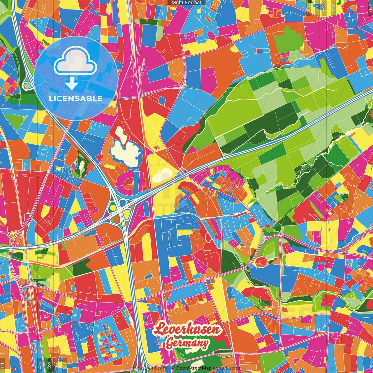 Leverkusen, North Rhine-Westphalia, Germany Crazy Colorful Street Map Poster Template