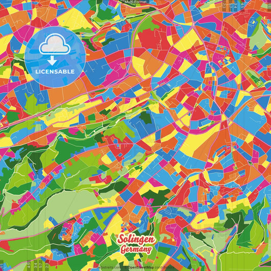 Solingen, North Rhine-Westphalia, Germany Crazy Colorful Street Map Poster Template