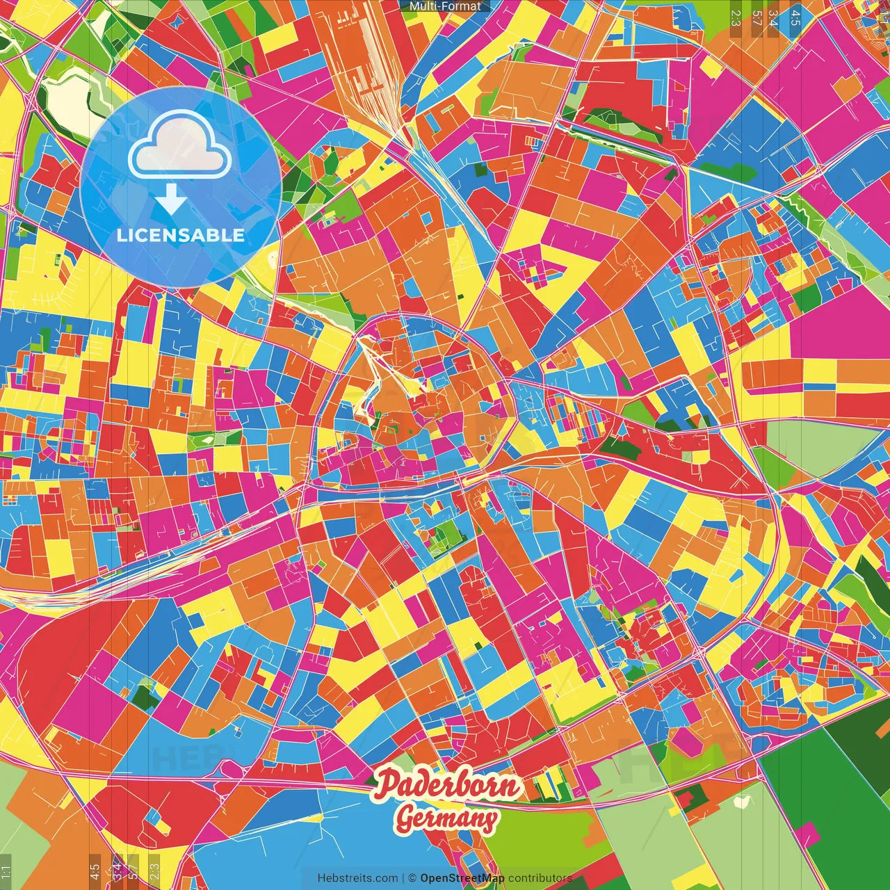 Paderborn, North Rhine-Westphalia, Germany Crazy Colorful Street Map Poster Template