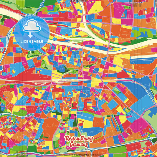 Regensburg, Bavaria, Germany Crazy Colorful Street Map Poster Template