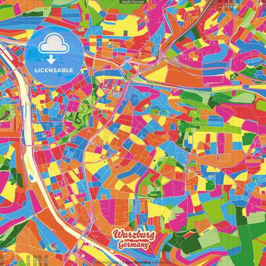 Wurzburg, Bavaria, Germany Crazy Colorful Street Map Poster Template