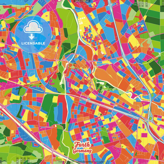 Furth, Bavaria, Germany Crazy Colorful Street Map Poster Template