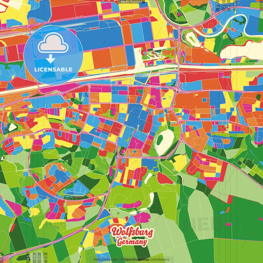 Wolfsburg, Lower Saxony, Germany Crazy Colorful Street Map Poster Template