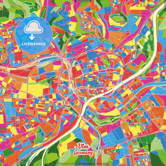 Ulm, Baden-Wuerttemberg, Germany Crazy Colorful Street Map Poster Template