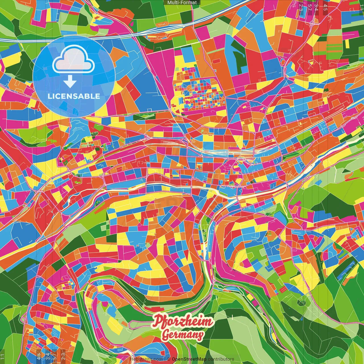 Pforzheim, Baden-Wuerttemberg, Germany Crazy Colorful Street Map Poster Template
