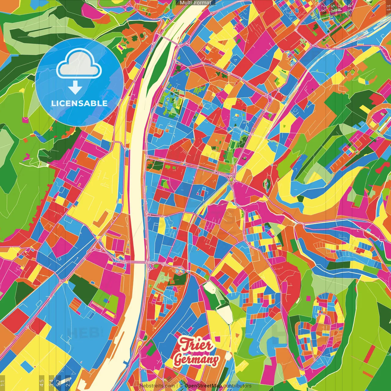 Trier, Rheinland-Pfalz, Germany Crazy Colorful Street Map Poster Template