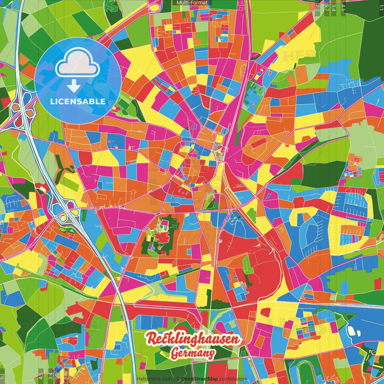 Recklinghausen, North Rhine-Westphalia, Germany Crazy Colorful Street Map Poster Template