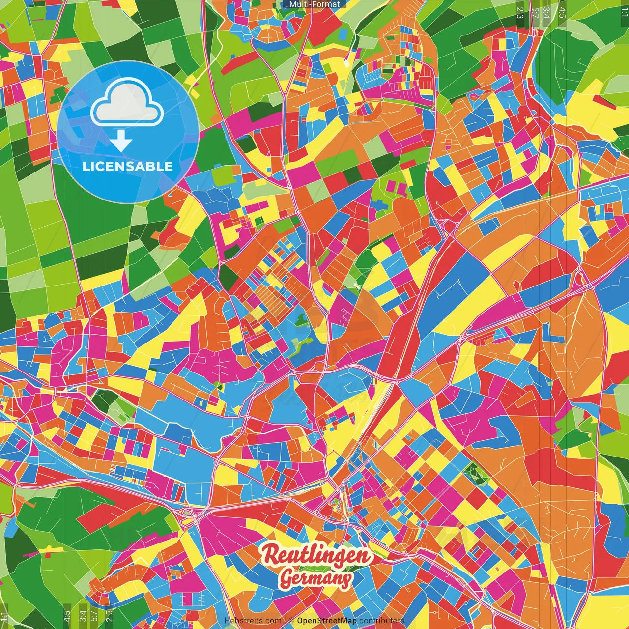 Reutlingen, Baden-Wuerttemberg, Germany Crazy Colorful Street Map Poster Template
