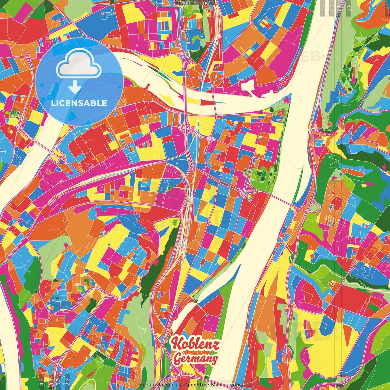 Koblenz, Rheinland-Pfalz, Germany Crazy Colorful Street Map Poster Template
