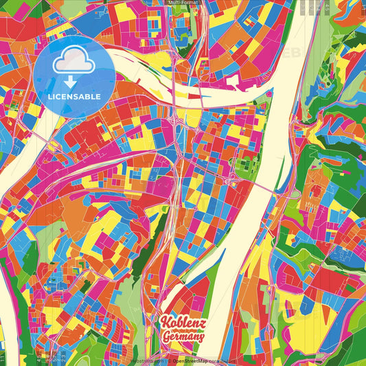 Koblenz, Rheinland-Pfalz, Germany Crazy Colorful Street Map Poster Template