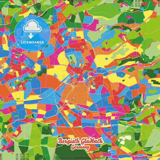 Bergisch Gladbach, North Rhine-Westphalia, Germany Crazy Colorful Street Map Poster Template