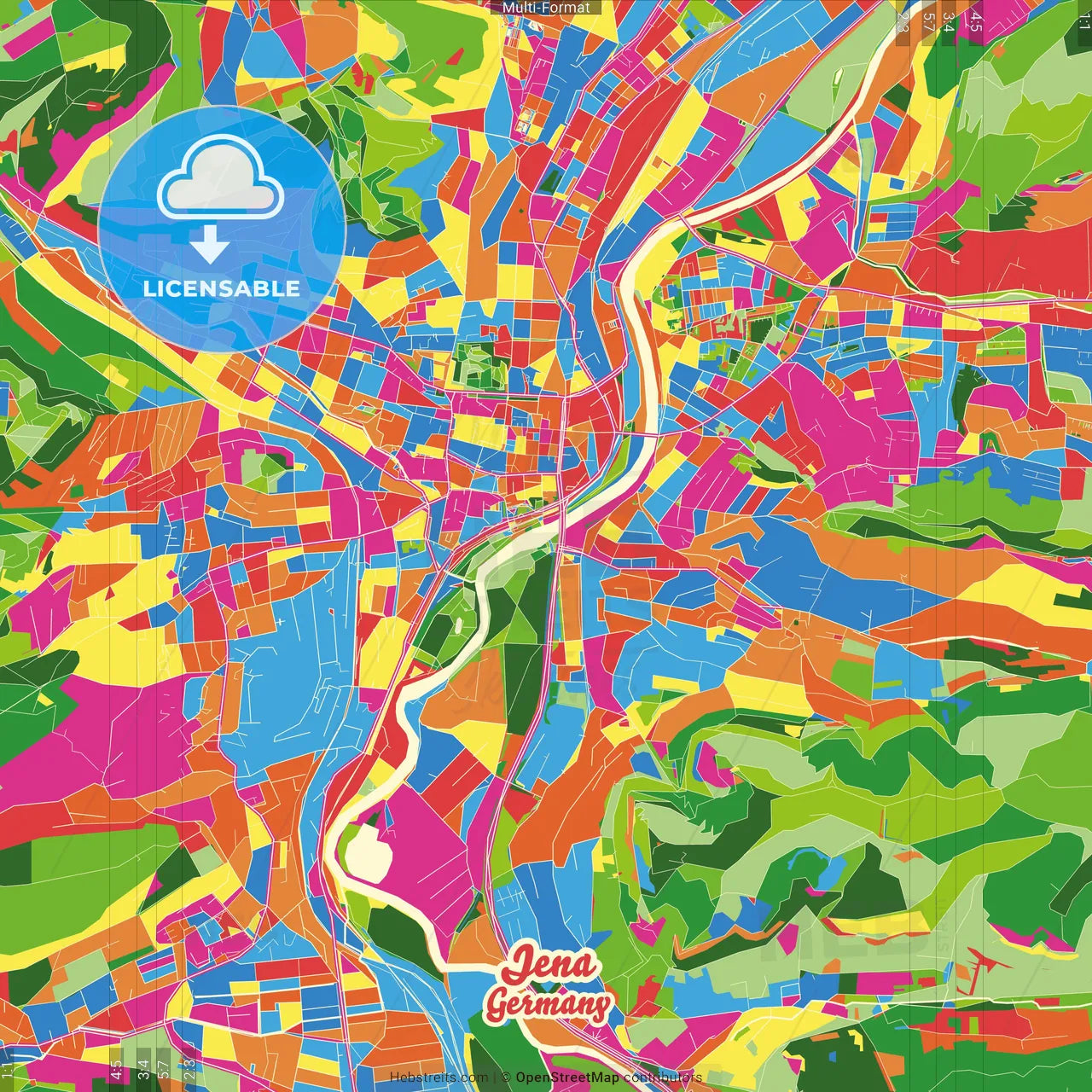 Jena, Thuringia, Germany Crazy Colorful Street Map Poster Template