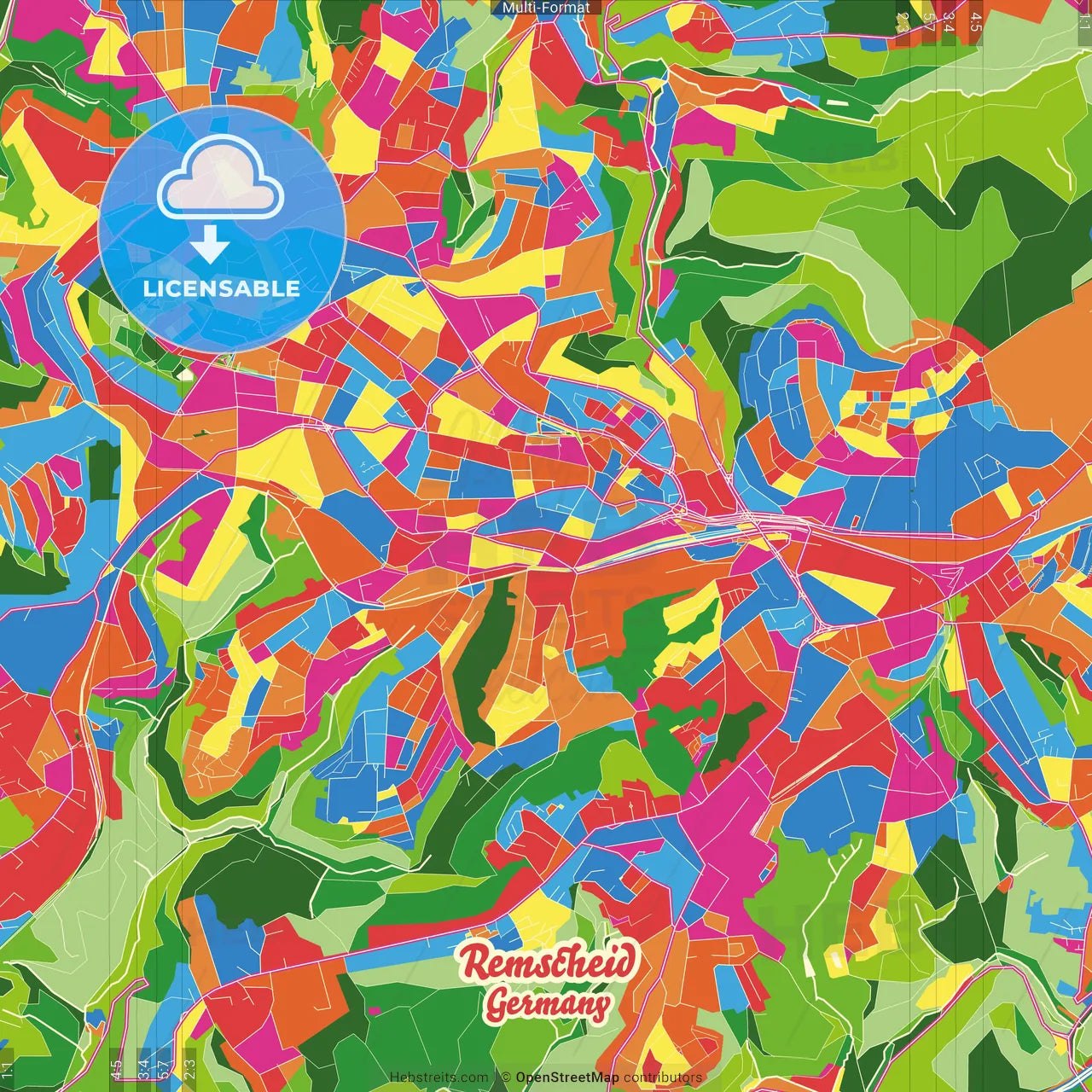 Remscheid, North Rhine-Westphalia, Germany Crazy Colorful Street Map Poster Template