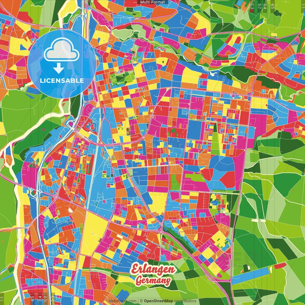 Erlangen, Bavaria, Germany Crazy Colorful Street Map Poster Template