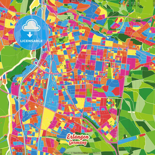 Erlangen, Bavaria, Germany Crazy Colorful Street Map Poster Template