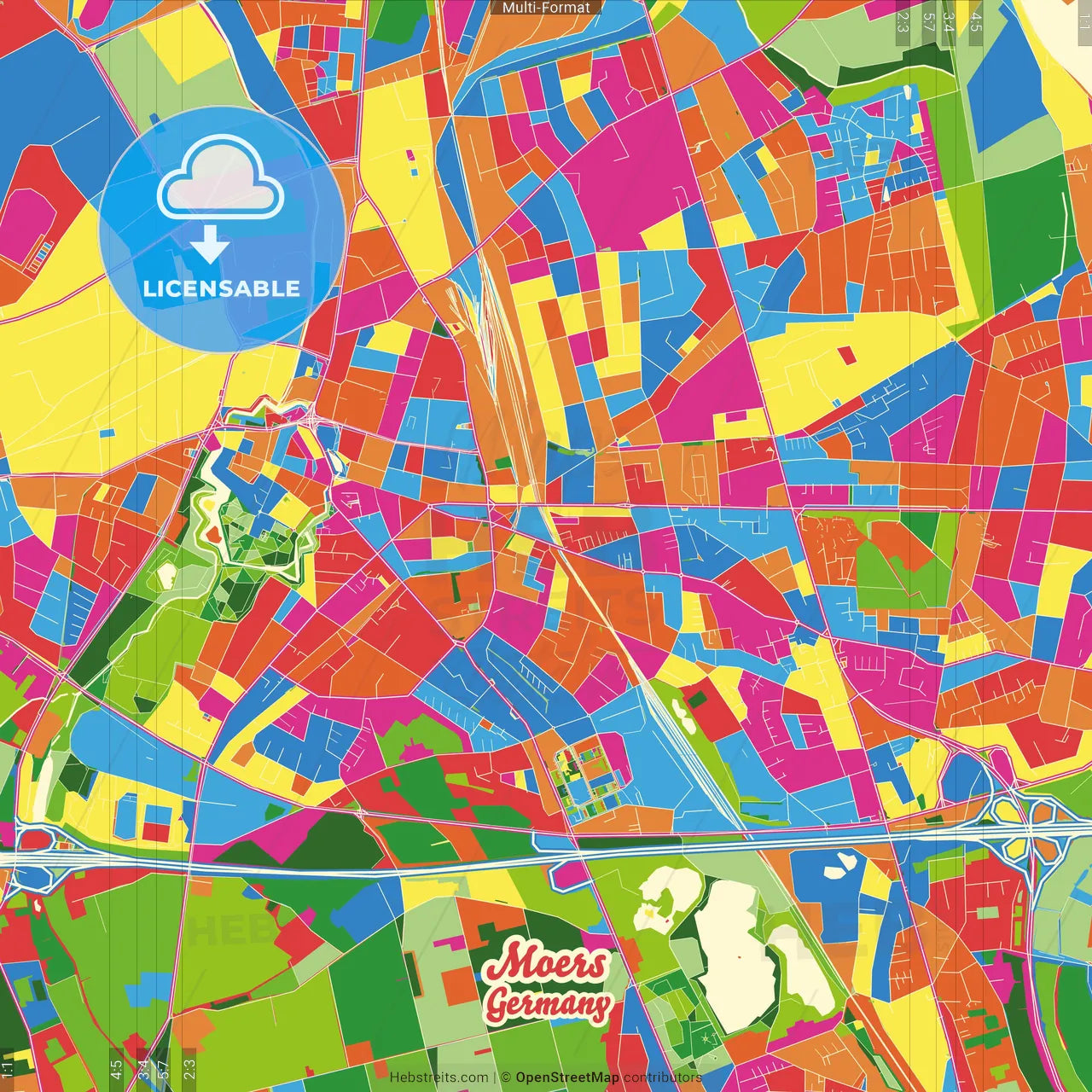 Moers, North Rhine-Westphalia, Germany Crazy Colorful Street Map Poster Template