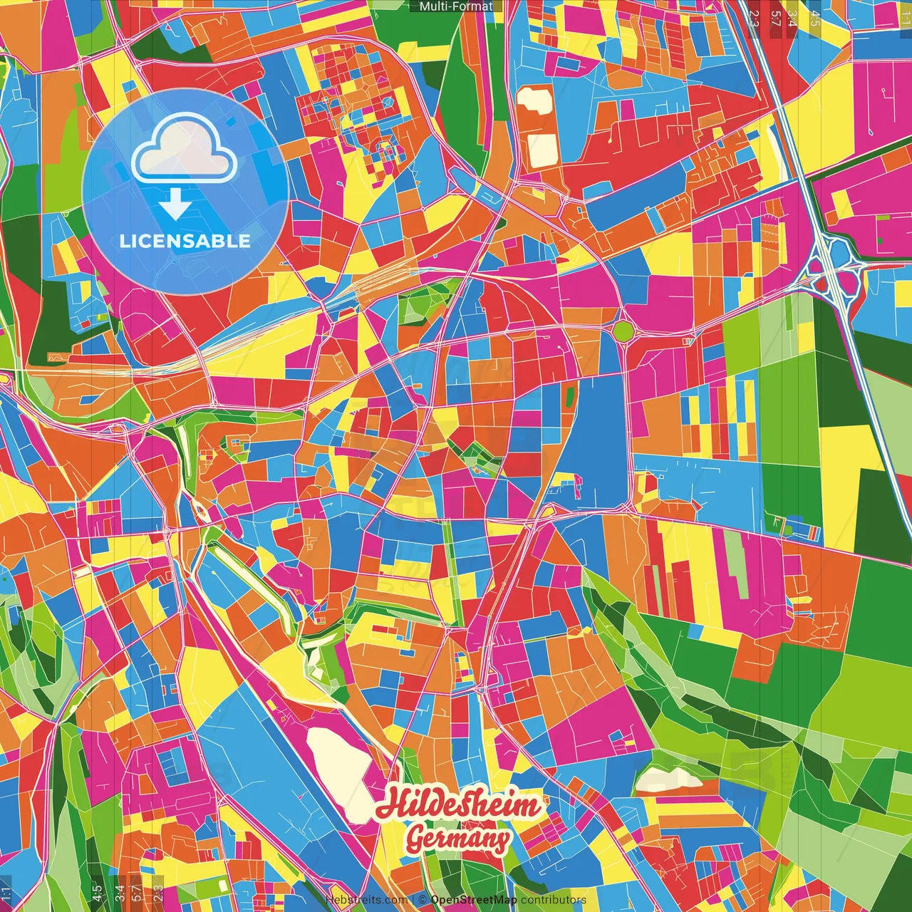 Hildesheim, Lower Saxony, Germany Crazy Colorful Street Map Poster Template