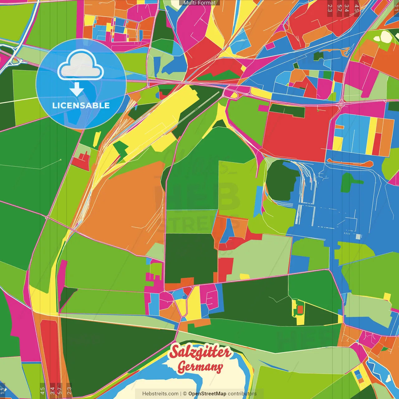Salzgitter, Lower Saxony, Germany Crazy Colorful Street Map Poster Template