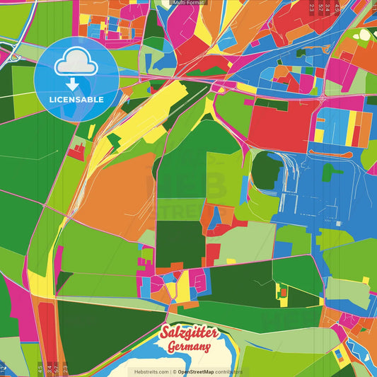 Salzgitter, Lower Saxony, Germany Crazy Colorful Street Map Poster Template
