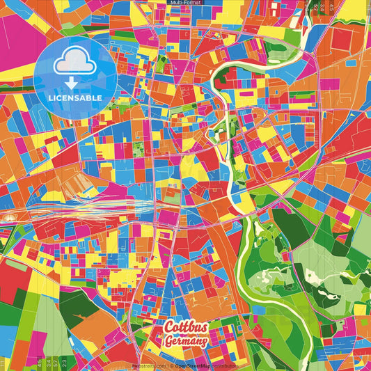Cottbus, Brandenburg, Germany Crazy Colorful Street Map Poster Template