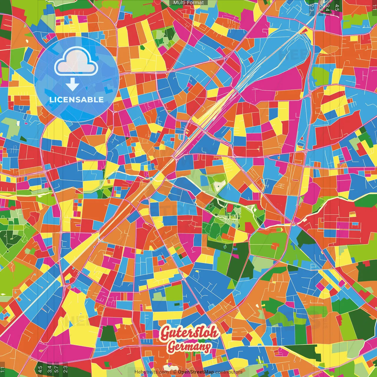 Gutersloh, North Rhine-Westphalia, Germany Crazy Colorful Street Map Poster Template
