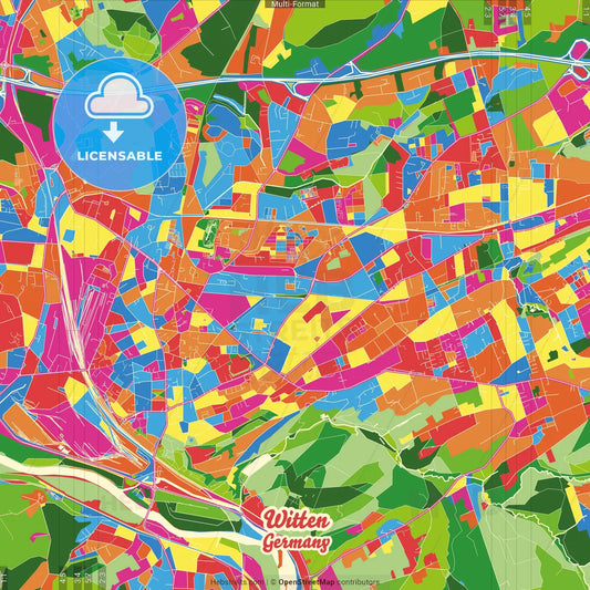 Witten, North Rhine-Westphalia, Germany Crazy Colorful Street Map Poster Template