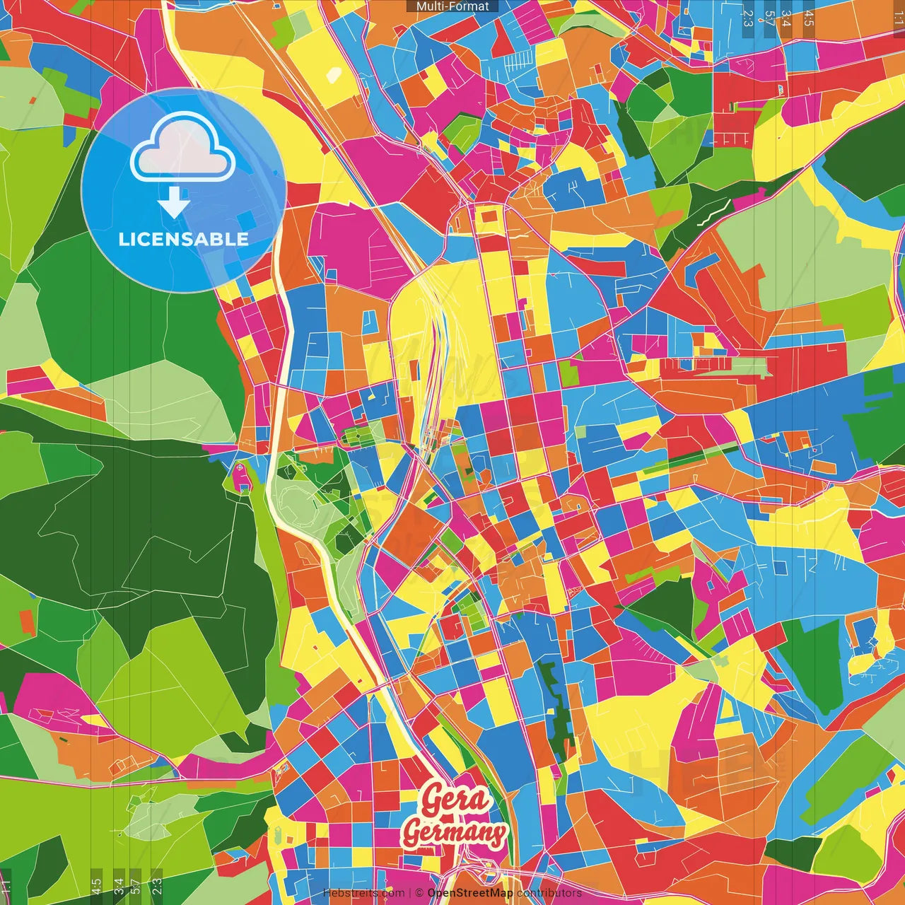 Gera, Thuringia, Germany Crazy Colorful Street Map Poster Template