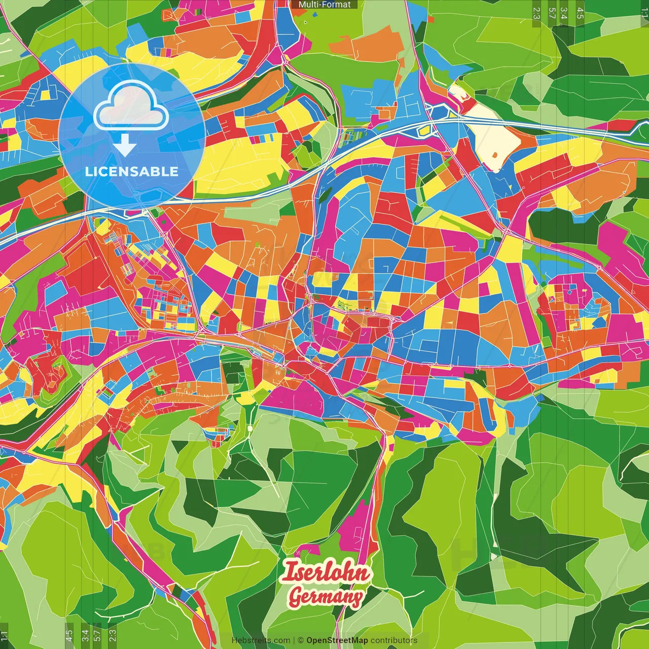 Iserlohn, North Rhine-Westphalia, Germany Crazy Colorful Street Map Poster Template