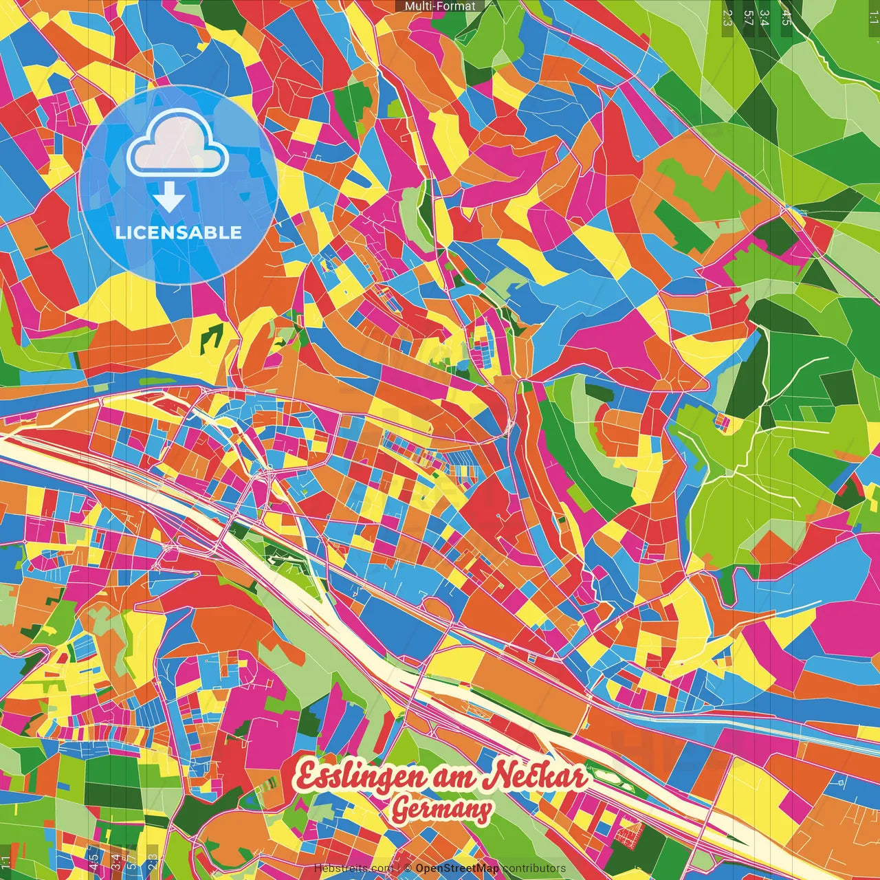 Esslingen am Neckar, Baden-Wuerttemberg, Germany Crazy Colorful Street Map Poster Template