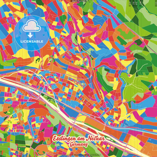 Esslingen am Neckar, Baden-Wuerttemberg, Germany Crazy Colorful Street Map Poster Template