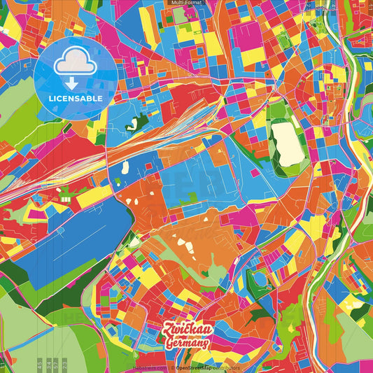 Zwickau, Saxony, Germany Crazy Colorful Street Map Poster Template