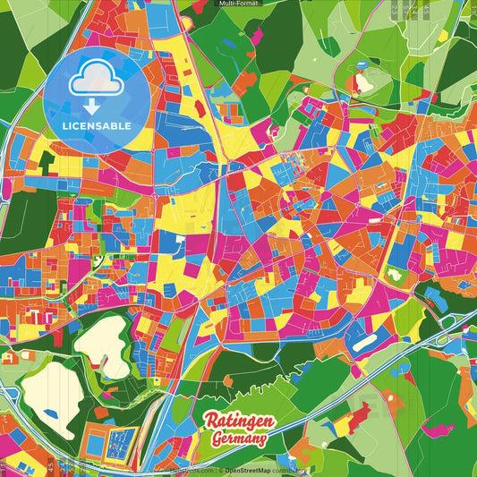Ratingen, North Rhine-Westphalia, Germany Crazy Colorful Street Map Poster Template