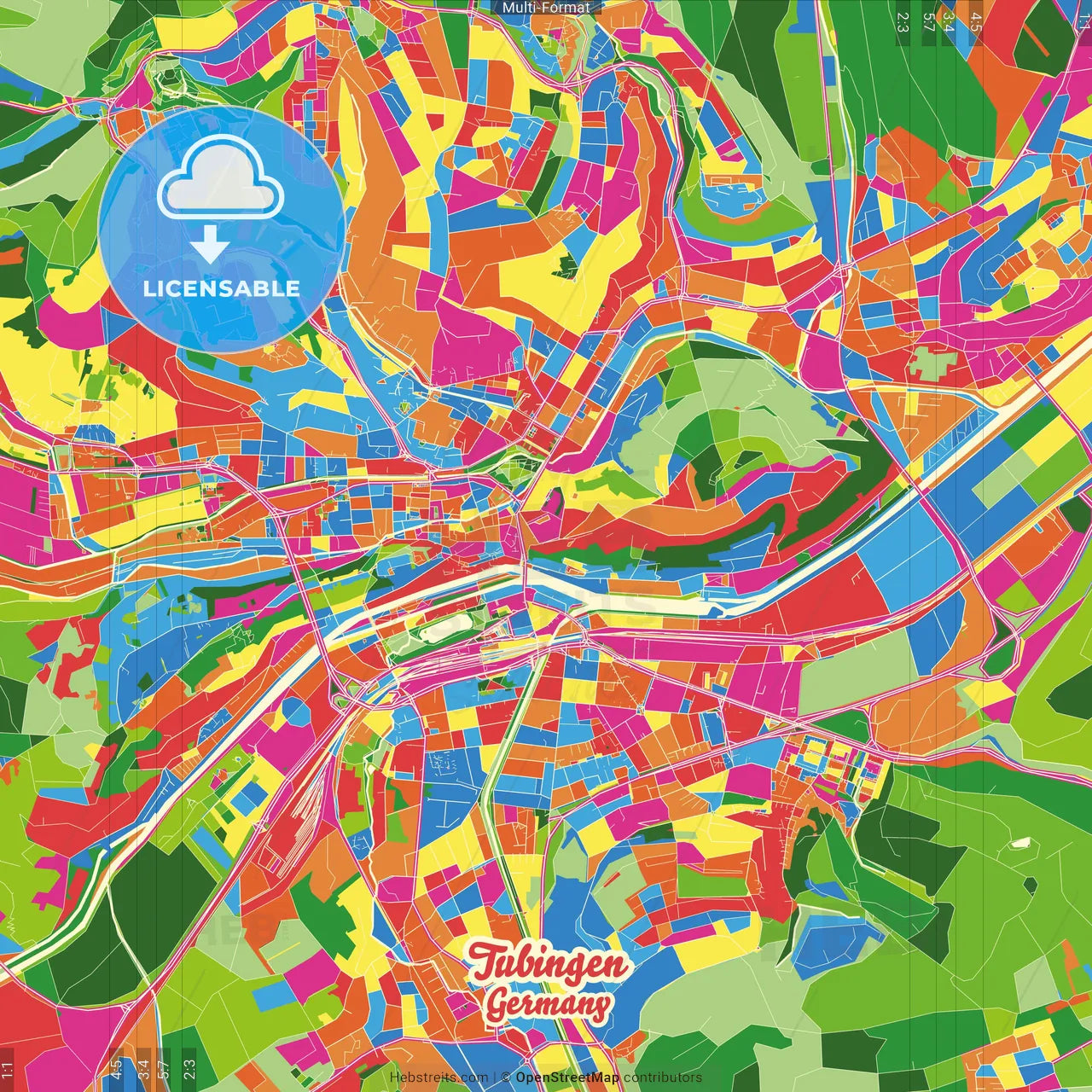 Tubingen, Baden-Wuerttemberg, Germany Crazy Colorful Street Map Poster Template