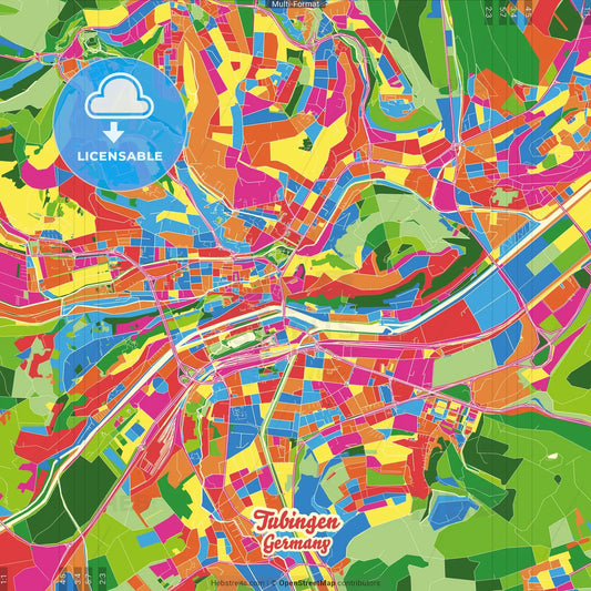 Tubingen, Baden-Wuerttemberg, Germany Crazy Colorful Street Map Poster Template