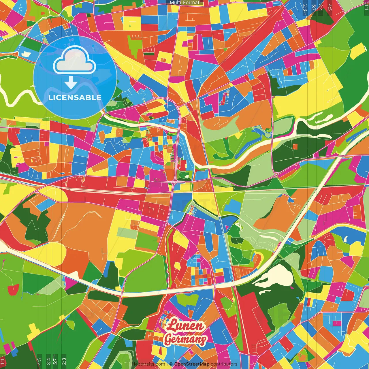 Lunen, North Rhine-Westphalia, Germany Crazy Colorful Street Map Poster Template