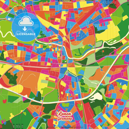 Lunen, North Rhine-Westphalia, Germany Crazy Colorful Street Map Poster Template