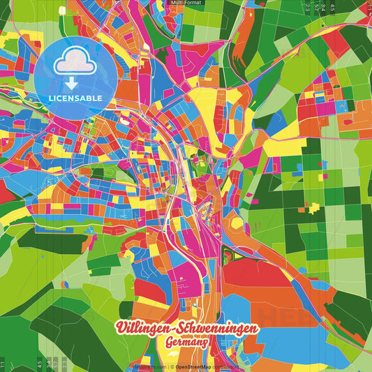 Villingen-Schwenningen, Baden-Wuerttemberg, Germany Crazy Colorful Street Map Poster Template