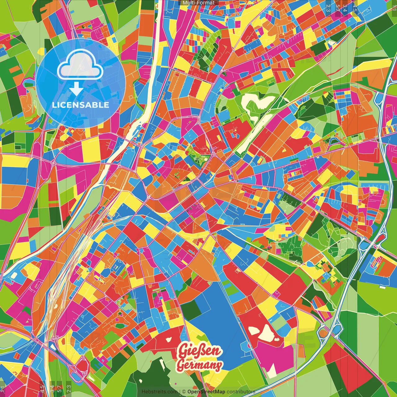 Gießen, Hesse, Germany Crazy Colorful Street Map Poster Template
