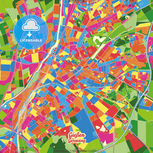 Gießen, Hesse, Germany Crazy Colorful Street Map Poster Template