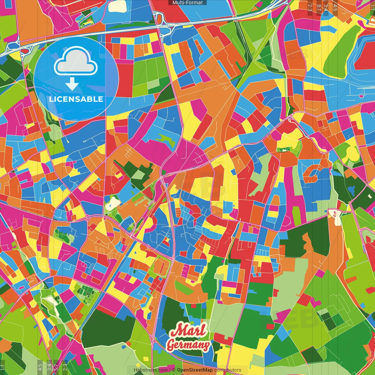 Marl, North Rhine-Westphalia, Germany Crazy Colorful Street Map Poster Template