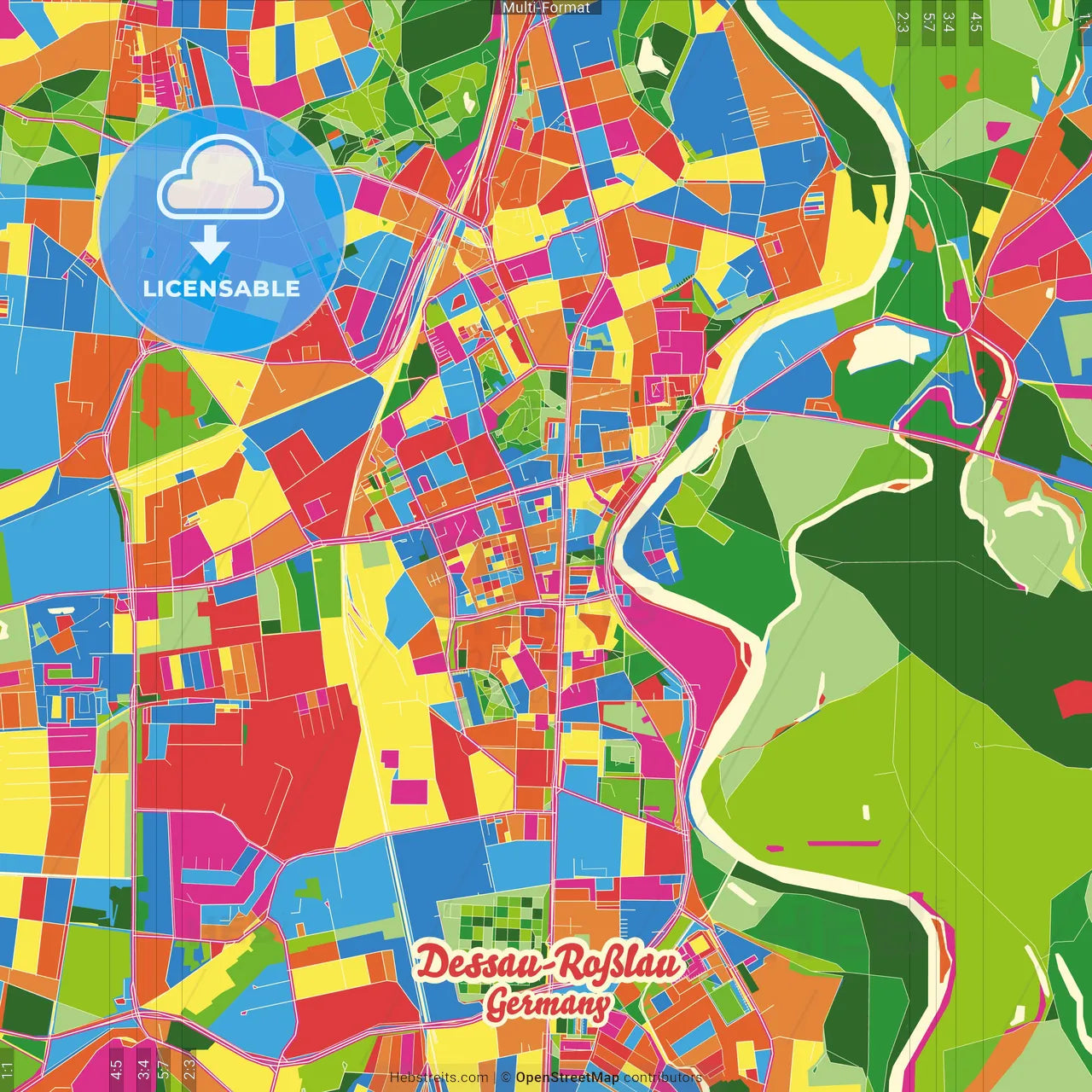 Dessau-Roßlau, Saxony-Anhalt, Germany Crazy Colorful Street Map Poster Template